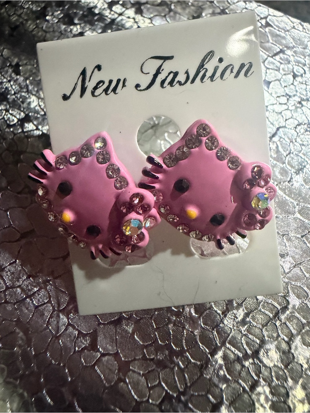 Pink Crystal Kitty Stud Earrings
